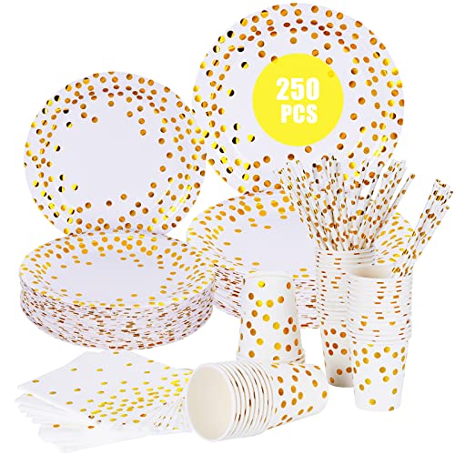 esafio 250 PCS Disposable Paper Plates Set Gold Dot Party Supplier,Includes Dinner Plates,Dessert Plates,9oz Cups,Napkins,Straws for Birthday Party, Wedding, Baby Shower,Halloween,Serve 50 Guests