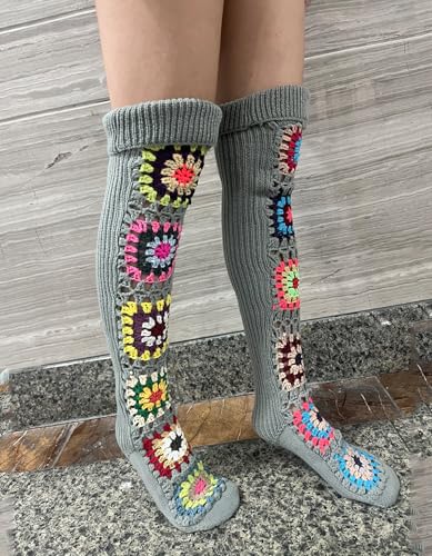 Image of Leoparts Crochet Thigh High Socks Granny Square Over Knee High Retro Knitted Stocking Colorful Leg Warmers