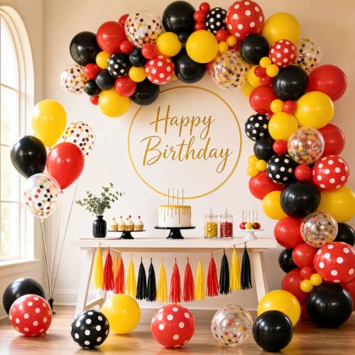 Image of TONIFUL 100 Pack Red Black Yellow Balloons - Classic Cartoon Colors Confetti Polka Dot Latex Balloon for Birthday Retro Baby Shower Mouse Themed Party Decorations