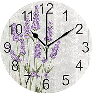 Lavender Flower Wall Clock, Floral Wooden Board Art 10 Inch Silent Non-Ticking Clock Battery Operated Quartz Decor for The Kitchen Living Room Bedroom Office Home School