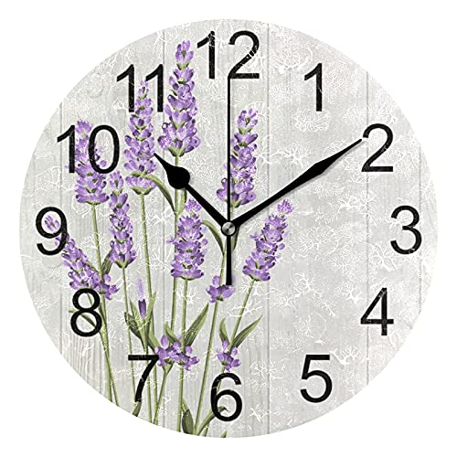 Image of ZOEO Lavender Flower Wall Clock, Floral Wooden Board Art 10 Inch Silent Non-Ticking Clock Battery Operated Quartz Decor for The Kitchen Living Room Bedroom Office Home School