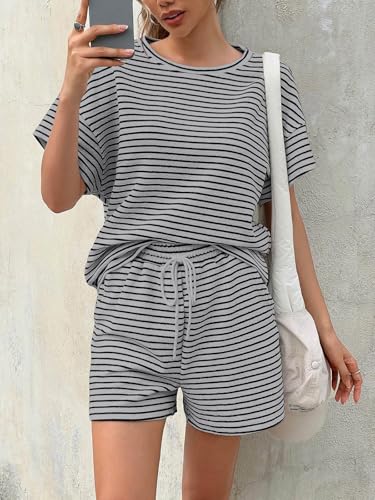 Image of Tankaneo Womens Pajama Sets Striped 2 Piece Lounge Sets Short Sleeve Oversized T Shirts Drawstring Shorts Matching Set