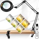 KMDES 12X Magnifying Glass with Light, Ultra Long 3 Section Swing Arm LED Desk Lamp with Large Clamp, 5 Color and Brightness Hands Free Magnifier Light and Stand for Workbench Crafts Reading Painting