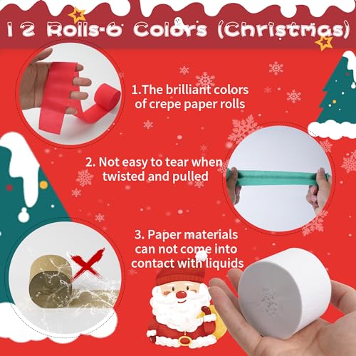 Image of Streamers, 12 Rolls Christmas Crepe Paper Streamers, 6 Colors Christmas Party Streamers for Ceiling Background Wall Dining Table Door Window Staircase Yard Decoration