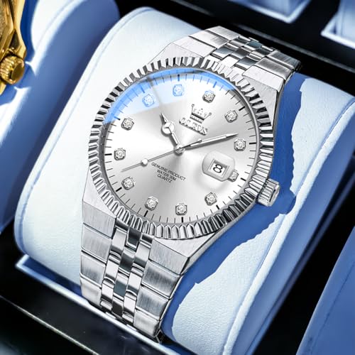 Image of OLEVS Mens Watches Luxury Diamond Calendar Stainless Steel Male Watches Business Dress Waterproof Luminous Fashion Watch for Men
