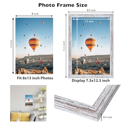 Image of JCJMY 8x13 Picture Frame Rustic White for Wall Hanging or Tabletop, Wall Mounting Horizontally or Vertically, 8 x 13 Wall Gallery Poster Photo Frame with Shatter Resistant Plexiglass, Rustic White