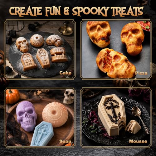 Image of HKNMTT Skull Cake Pizza Pan 6 Spooky Shapes Halloween Silicone Baking Mold | Skull Eyeball Fangs Tombstone Coffin Brain Cake Mold for Pizza Chocolate Musse Soap Ice Cubes Non-Stick Food Grade