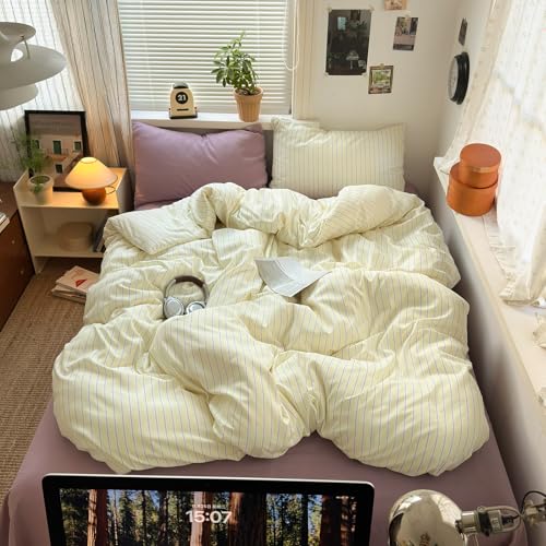Image of VM VOUGEMARKET Kawaii Cream Yellow Purple Striped Microfiber Duvet Cover Set, Lightweight Soft Pastel Line Pattern Bedding Set for Cozy Aesthetic Bedroom-Queen,90 inchx90 inch