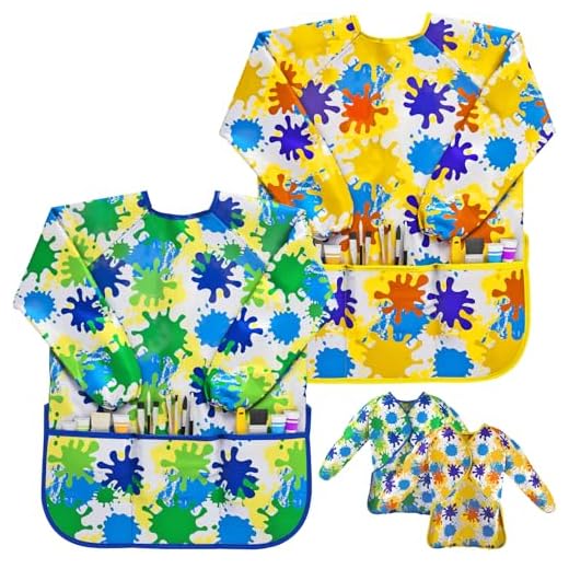 J MARK Art Smock for Kids, Painting Apron (Pack of 2) Long Sleeve and 2 Pockets for Baking, Eating, Arts & Crafts for Children Ages 2-8 - Waterproof Artist Paint Shirt Colorful