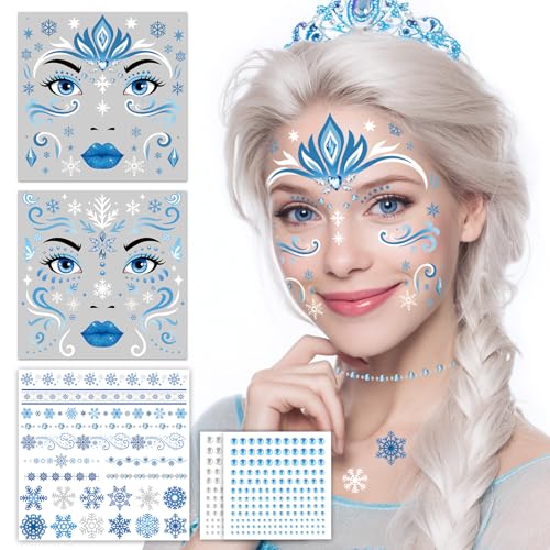 Eiskönigin Gesichtstattoo Karneval, 6 Stück EIS Prinzessin Temporäres Glitter Gesichtstattoo Kinder & Erwachsene, Frozen Prinzessin Schneeflocken...
