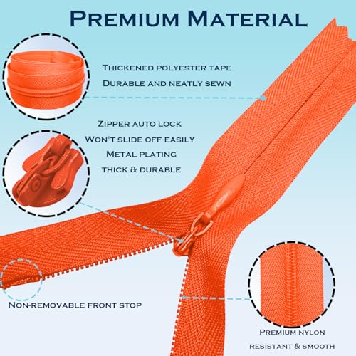 Image of ANPURZII 2PCS #3 24 Inch Vermilion Orange Invisible Zippers for Sewing Skirts, Nylon Coil Bulk Zippers for Pocket, Pillow(Vermilion Orange 24 inch 2PCS)