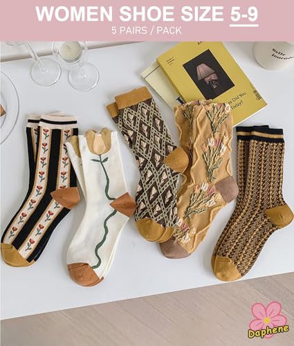 Daphene Womens Retro Floral Socks | Cozy Cotton Vintage Jacquard Patterns | Stretch Breathable Skin-Friendly | Holiday Gift2