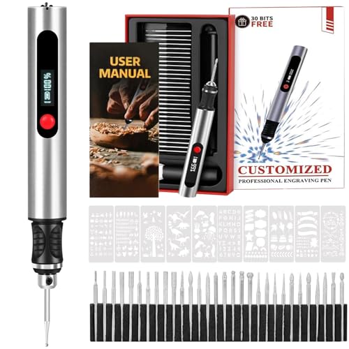 Gravion Pen, Stylo Graveur, Stylo Graveur Electrique, Le Stylo Graveur Électrique de Précision, Gravure sur Plus de 60 Surfaces, 30 Embouts, pour Artistes et Bricoleurs (Argent)