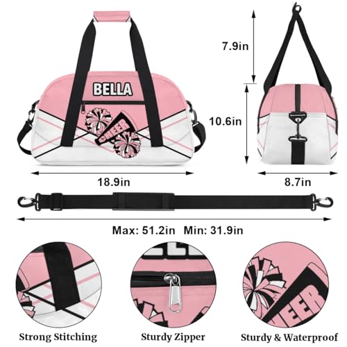 Custom Name Cheerleader Gym Bag for Kids Girls,Personalized Dance Sport Duffel Gymnastics Bag Travel Weekender Outdoor Tote Carry-On Bag,Light Pink and White2