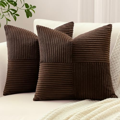 Sungeek Lot de 2 Housse de Coussin 45x45 cm en Velours Côtelé, Housse Coussins Patchwork à Rayures Croisées Doux Taies d'oreiller Décoratives pour Lit Canapé...