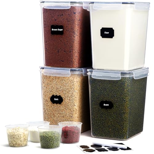 Lifewit Recipientes Extra Grandes para Almacenar Alimentos 5.2L 4 Uds con Tapas Herméticas para Harina, Azúcar, Arroz, Pastelería, para Organizar Alimentos a Granel con Tazas Medidoras, Etiquetas