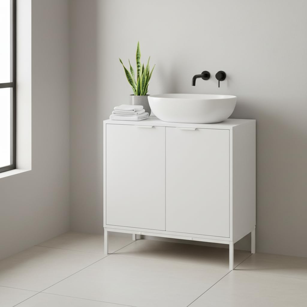 INDE MOBLEKIT | Mueble Bajo Lavabo 60×30×60 cm, Armario de Madera y Metal con Doble Puerta y Acabado Mate, Mueble Auxiliar para Baño con Espacio de Almacenaje para Artículos de Higiene