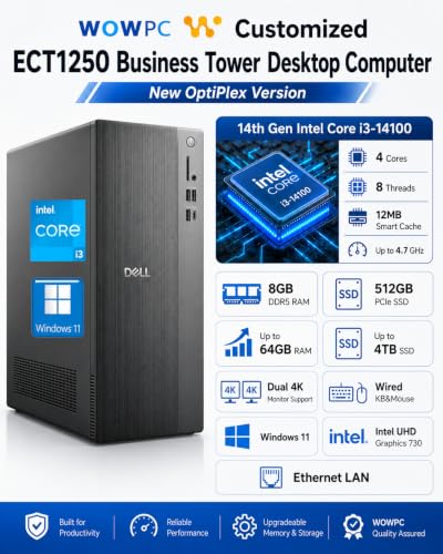 Image of Customized Dell ECT1250 Business Tower Desktop Computer, New OptiPlex Version-14th Gen Core i3-14100, 8GB DDR5 512GB SSD, Up to 64GB RAM 4TB SSD, Dual 4K Monitor Support, Wired KB&Mouse, Win11