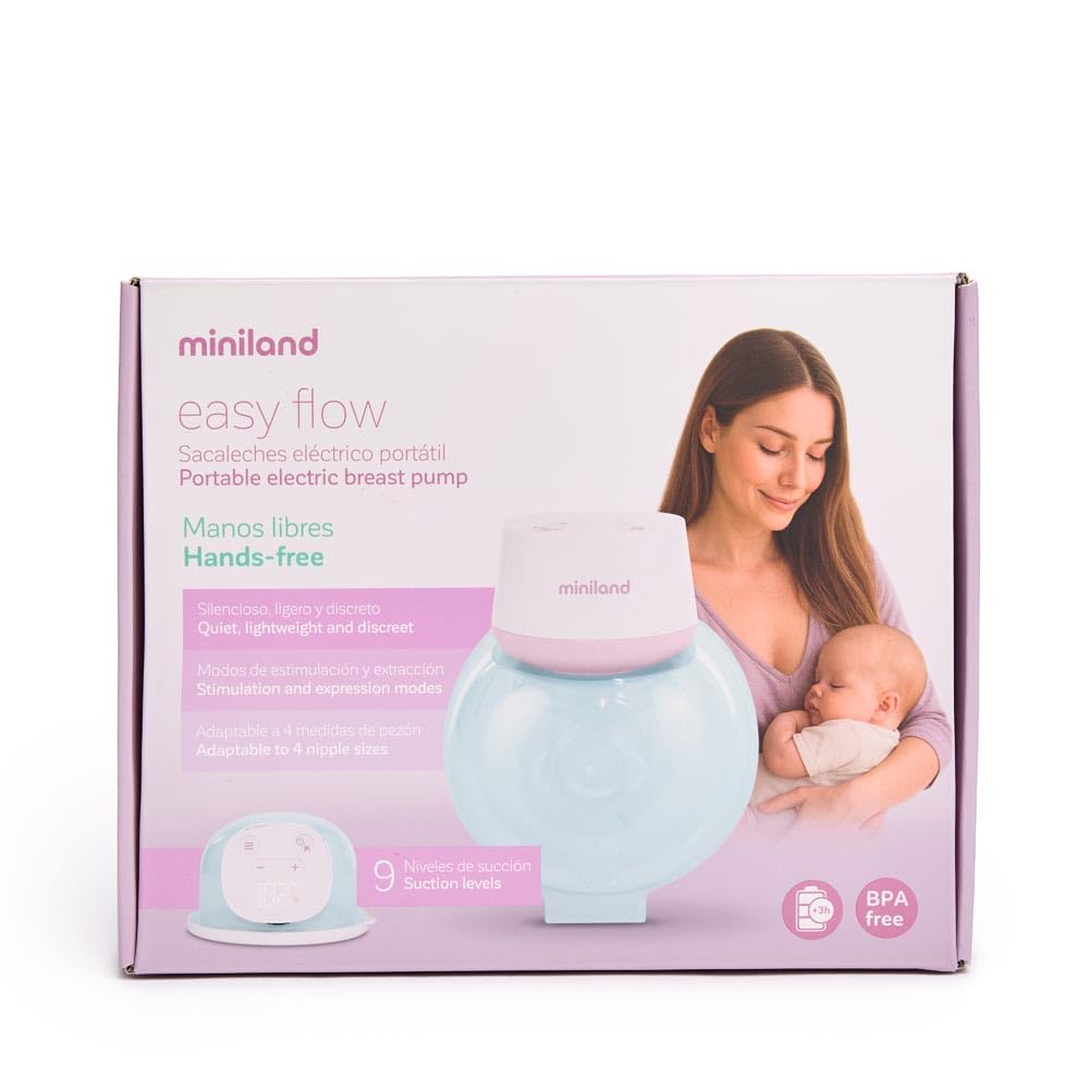 Miniland Easy Flow Przenośna elektryczna laktator | 2 tryby, 9 poziomów jasności, wyświetlacz LED, ładowanie przez USB, 180 ml BPA Free