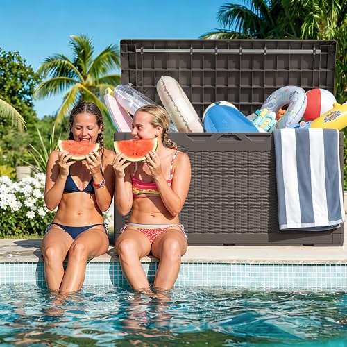 Image of Greesum 100 Gallon Resin Deck Box Outdoor Storage with Cushion, Dark Brown