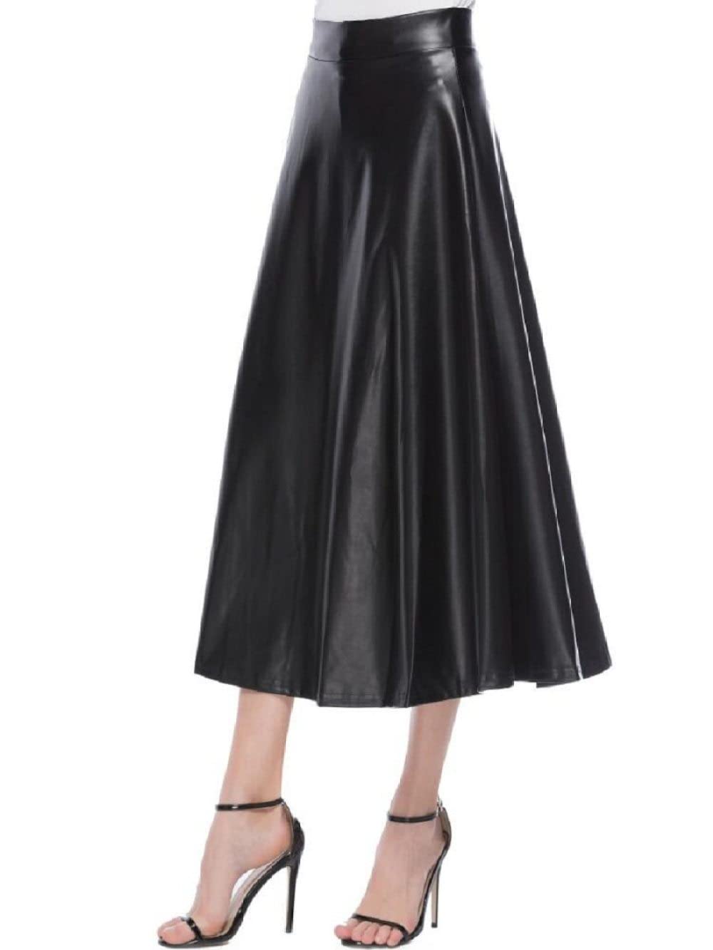 Faldas para Mujer Reino Unido, Faldas Maxi De Cuero De PU, Falda De Invierno Negra, Faldas Plisadas Elegantes para Mujer, Falda Midi De Talle Alto, Falda Frunci(L)