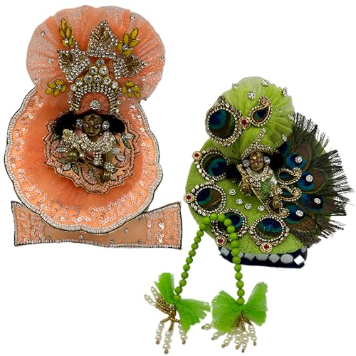 DREEMOH GOD'S TREAT Kanha Ji Designer Zardozi Dress | Krishna Ji Laddu Gopal Fancy Outfit | Kanhaiya Ji Net and Silk Poshak Set with Mukut & Accessories | Janmashtami Puja Wear (Pack of 2, 6 Inch)