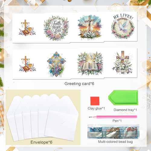 Image of AiYuanzsh 6 Pack Diamond Art Greeting Cards with Envelopes, Religious Diamond Painting Cards Kit, DIY 5D Diamond Art Cards Set, Cross Bible Dove Designs for Christmas, Birthday, Holiday