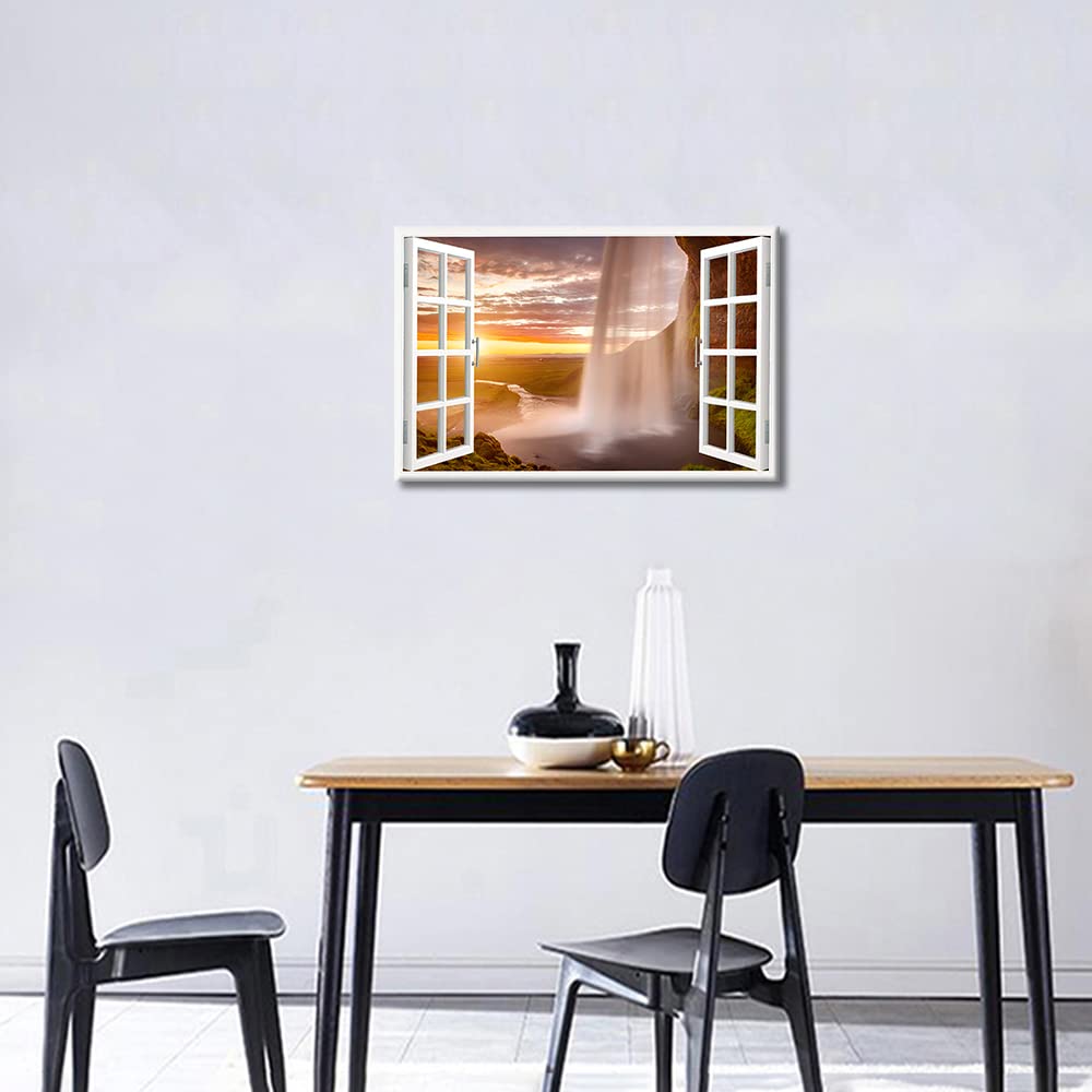 Canvas Wall Art Window View Home Decor Majestic Waterfall Wall Art Canvas Print Painting Outdoor Natural Landscape Picture for Bedroom Modern Artwork Wall Decor Framed Ready to Hang(18"Wx12"H) - Image 4