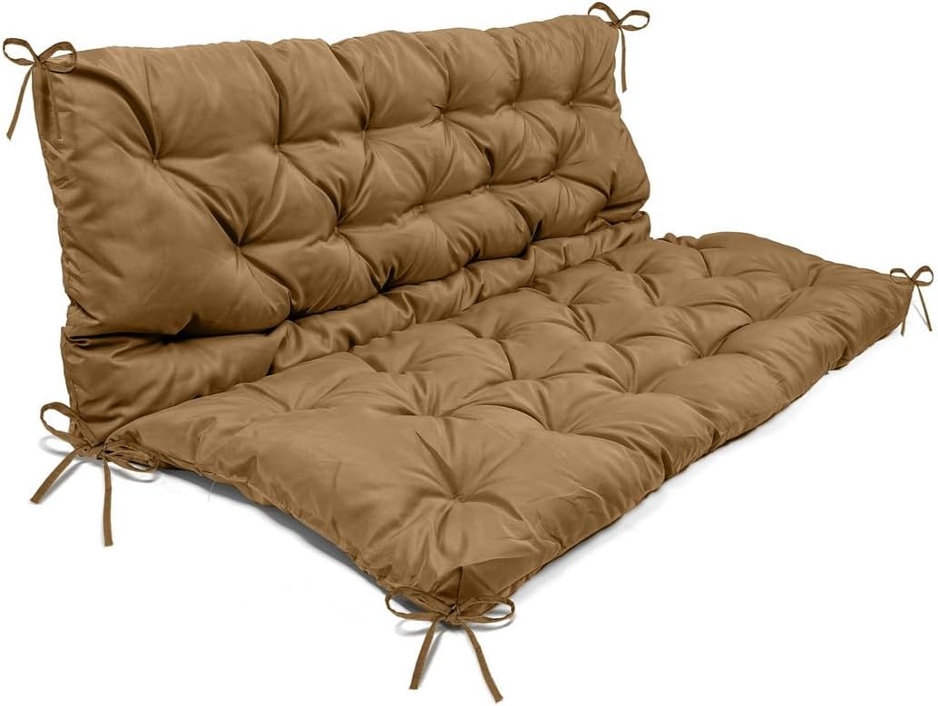 Homaisson Swing Replacement Cushion, Outside Bench Cushion with Backrest, 2-3 Seater Cushion with 8 Ties for Outdoor Furniture, 59 x 39 x 4 Inches Porch Swing Cushion Garden Bench (Light Brown)