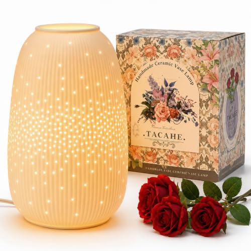 TACAHE Ceramic Vase Table Lamp, 2700K Bulb & 3 Artificial Flowers Included, E12 Socket, Inline Switch, Handmade Openwork Craft, Ambient Light for Living Room Bedroom - Starry 9.3"