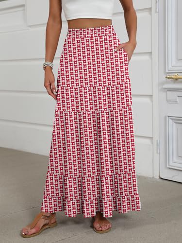 Image of ANRABESS Womens Maxi Skirt Elastic High Waist Swing Tiered A-line Flowy Pleated Boho Beach Vacation Long Skirts