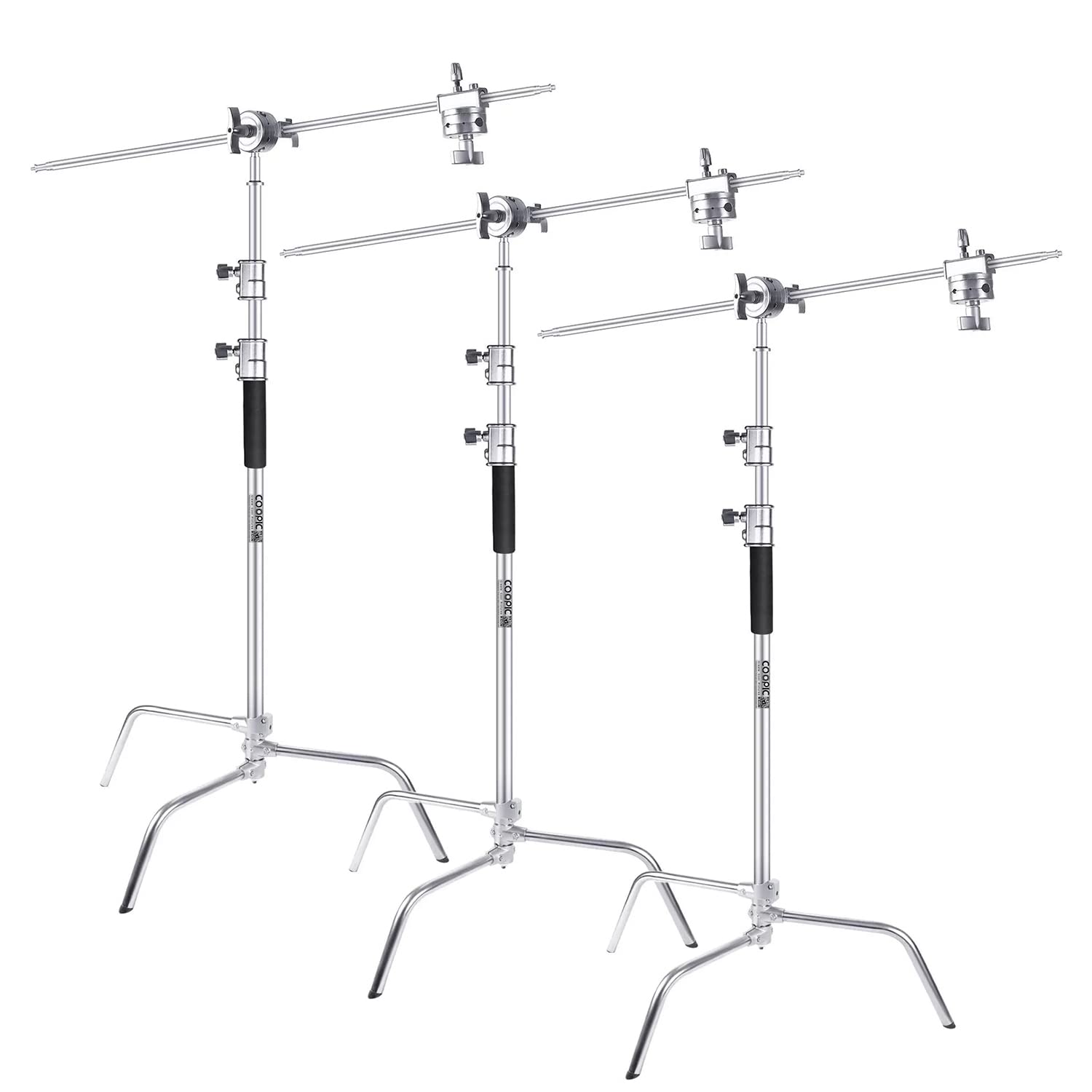 COOPIC C Stand Heavy Duty Stainless Steel with Buffer Spring 330cm/10ft Max. Height Studio Photo Video 4 feet Holding Arm 2PCS Grip Head and Turtle Base for Photography Reflectors, Softboxes (3 PACK)