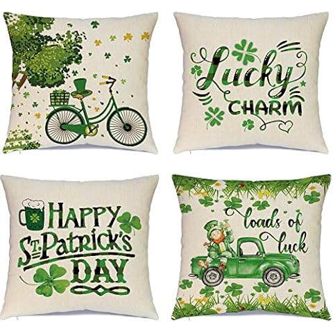 Ueerdand Decorative Pillow Cover, Set of 4, 18x18 Inch, St. Patrick's Day Theme, Green Clover, Buffalo Plaid, Lucky Charm, Throw Cushion Covers for Home Sofa Cover