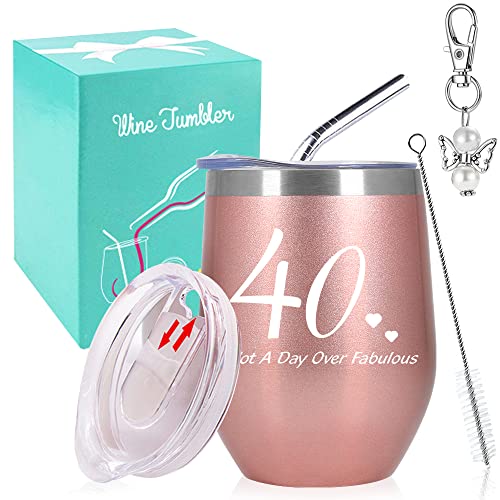 40th Geburtstags Geschenke Frauen, Wein Geschenk 12 oz Weinbecher Edelstahl Doppelwandiges Vakuumisoliert Weingläser mit Deckel und Strohhalmpinsel, Reisekaffeetasse für Wein, Getränke, Champagner Cover