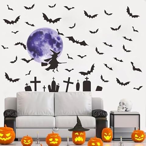 Black Bat Wall Stickers Halloween Witch Wall Decals Halloween Moon Bat Wall Decals Removable Vinyl Peel and Stick Halloween Decorations Cover