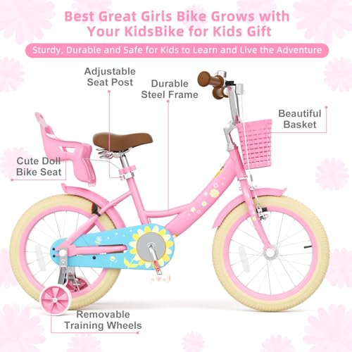 Image of Glaf Girls Bike Bicycle for 2-12 Years Old 12 14 16 20 inch Kids Toddler Bike with Training Wheels and Basket,Doll Seat, Kids Bike Bicycle for Gift