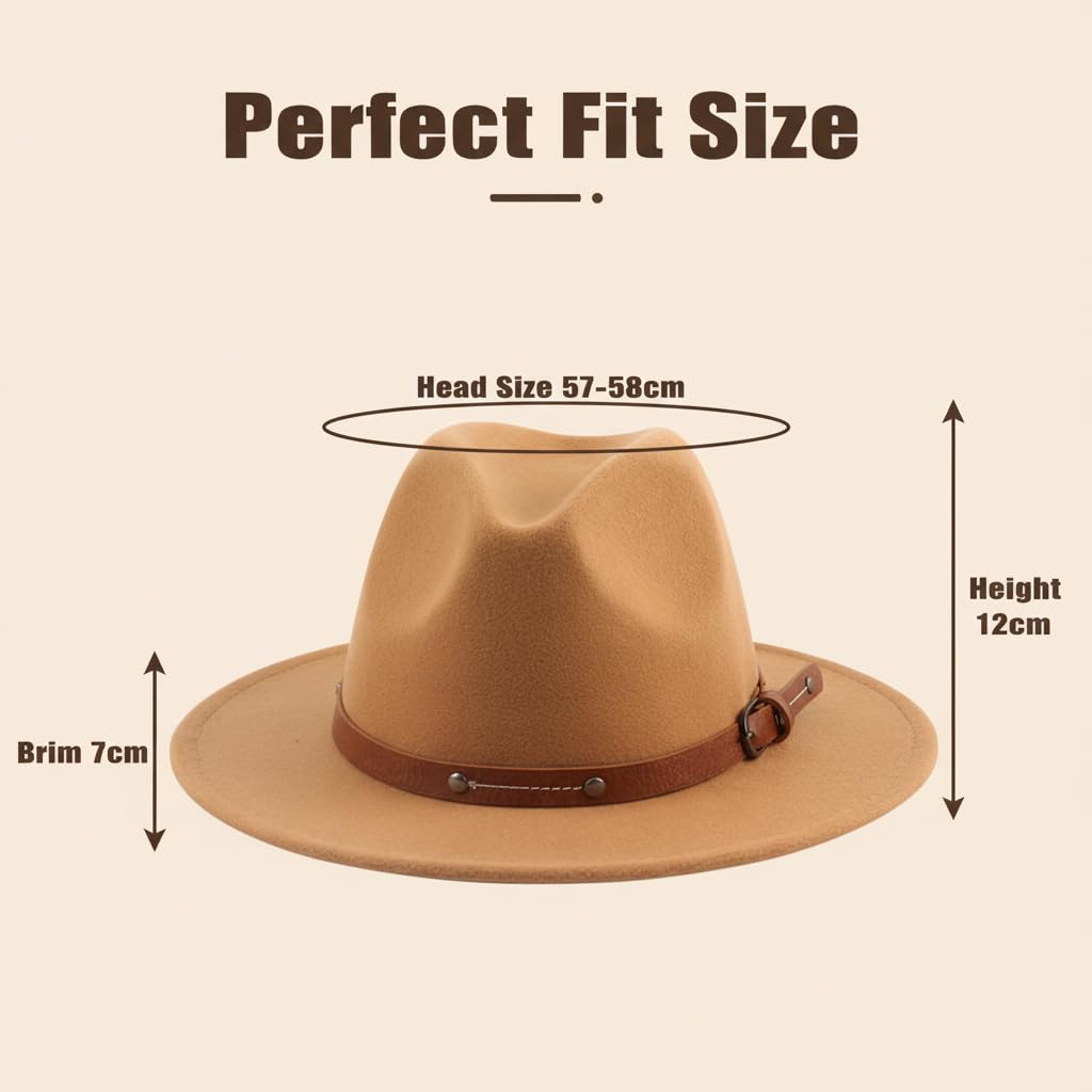 QUUPY Kaki Classique Felt Fedora Chapeau Large Bord Soft Hair Panama Chapeau Automne Hiver Jazz avec Rivet Boucle déployante et Cordon de Serrage réglable