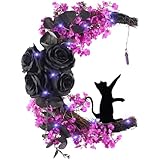 Halloween Wreaths for Front Door Lighted Black Halloween Door Wreath Cat Rose Moon Halloweens Wreath Grapevine Wreaths Horror Decorations for Home Indoor Outdoor Party Decor (Black Moon)