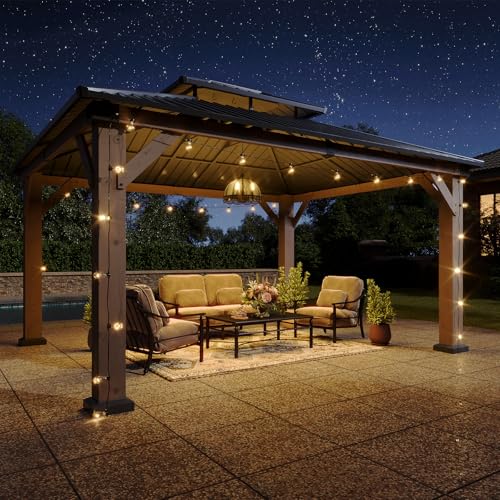 Image of Aoxun 12' x 14' Outdoor Wood Gazebo, Hardtop Gazebo Permanent Wooden Pavilion with Galvanized Steel Double Roof, for Patio, Garden, Deckyard, Cedar Wood, Grey