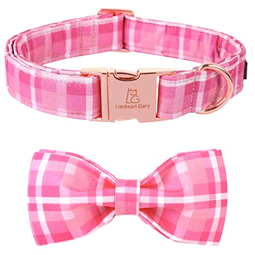 Lionheart glory Pink Plaid Dog Collar, Adjustable Dog Collar with Bowtie, Pet Gift Girl Collar for Dog Soft Bowtie Dog Collars for Medium Dogs
