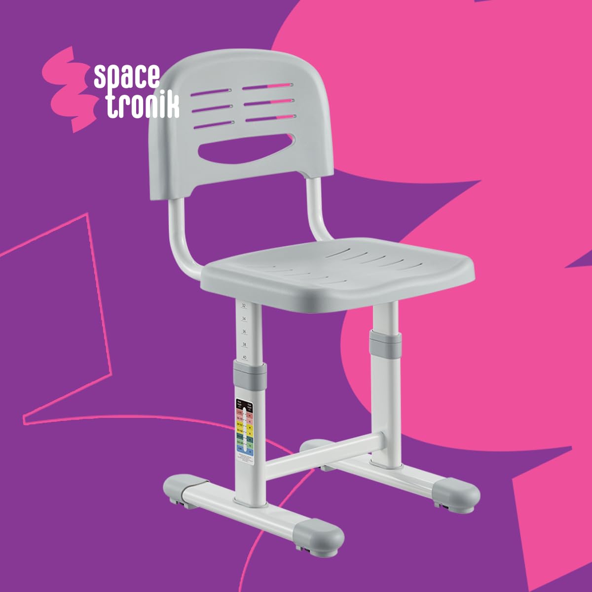 Spacetronik Sedia da Scrivania per Bambini Senza Ruote, Sedia Ergonomica Regolabile in Altezza, Sedia per Cameretta, Studio e Compiti, Grigio