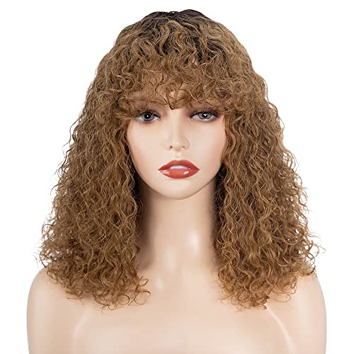 Short Curly Human-Hair Wigs with Bangs 12 Inch Jerry Curl Bob Wigs Human Hair Brazilian Virgin Human Hair None Lace Front Wigs for Black Women Machine Made Ombre Gold Wigs
