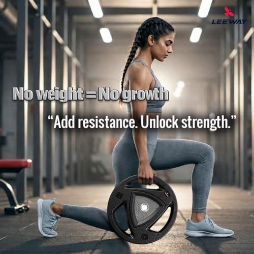 Image of LEEWAY Rubber Coated Weight Plates 50kg Set | 31mm Hole | Tri Grip Gym Plates for Home Gym Setup | Barbell & Dumbbell Compatible | Floor Safe Low Noise Strength Training Plates (Black, (2.5X2+5X2+7.5X2+10X2))