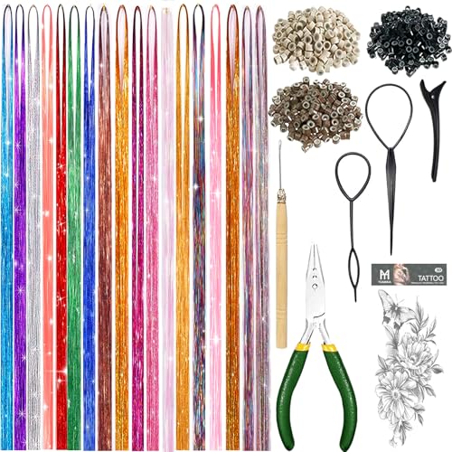 Hair Tinsel Kit, Fairy Tinsel Hair Extensions With Tool 6000 Strands 18 Colors Holographic Heat Resistant Sparkling Hair Glitter for Christmas New Year Party (48 Inch)