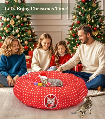Image of Pawaboo Cat Tunnel Bed Under Christmas Tree, 35.4'' Christmas Cat Toy Circle Tunnel with Ball, Cats Tunnels Christmass Tree Skirt Decorative Festive Foldable Kitty Tube Tunnels for Cats(Red Star)
