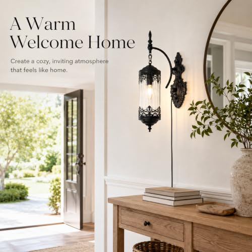 Image of Rustic Gothic Plug in Wall Sconce with Glass | Farmhouse Antique Decorative Metal Wall Light with Plug-in Cord for Hallway, Bedroom, Living Room, Entryway