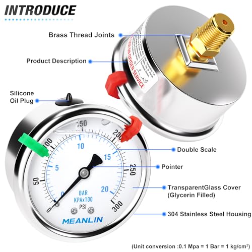 Image of MEANLIN MEASURE 0~300Psi Liquid Filled Pressure Gauge 1 /4 inch NPT 2.5 inch FACE DIAL Stainless Steel Glycerin Filled WOG Water Oil Air Back Mount (with 2PCS Snaps)