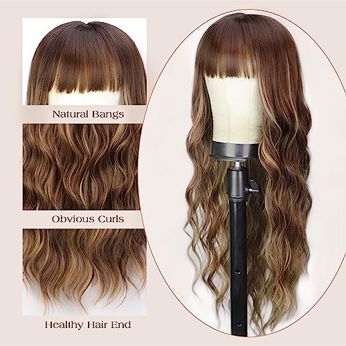 image for Lativ Brown Wig With Bangs Long Wavy Brown Mixed Blonde Highlight Wig 
