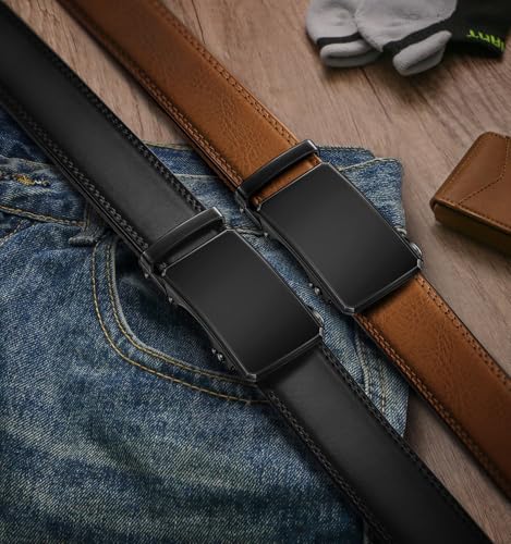 Image of KEMISANT Men Belt 2 Pack, Leather Ratchet Belt Easy Click Slide For Men 1 3 /8 inch,Cut for Fit