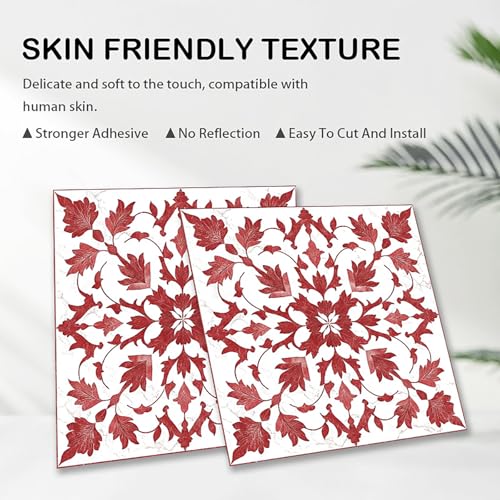 Image of Nuxovilar Peel and Stick Vinyl Floor Tiles, 11.8 inchx11.8 inch | Red Leaf Floral Pattern, 10-Pack Self-Adhesive Flooring